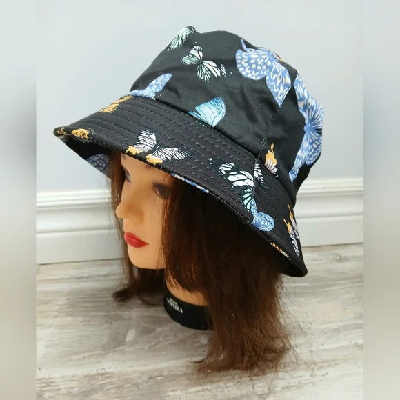 Black Butterfly Print Women's Bucket Hat Cotton One Size - Picture 5 of 10
